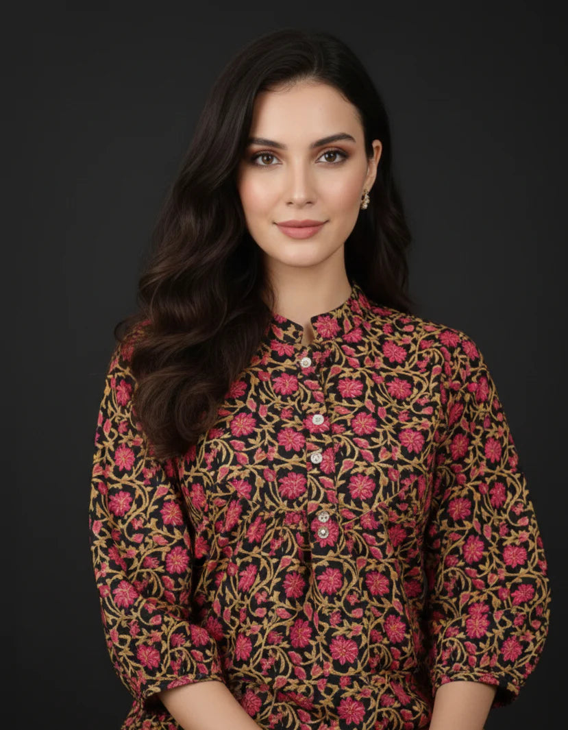 Black Pure Cotton Jaal Floral Printed Top with Mandarin Neck, Gathered Yoke & Puff Sleeves
