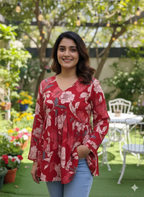 Women’s Red Floral Alia Top | Premium Soft Cotton | V-Neck | Full Sleeves