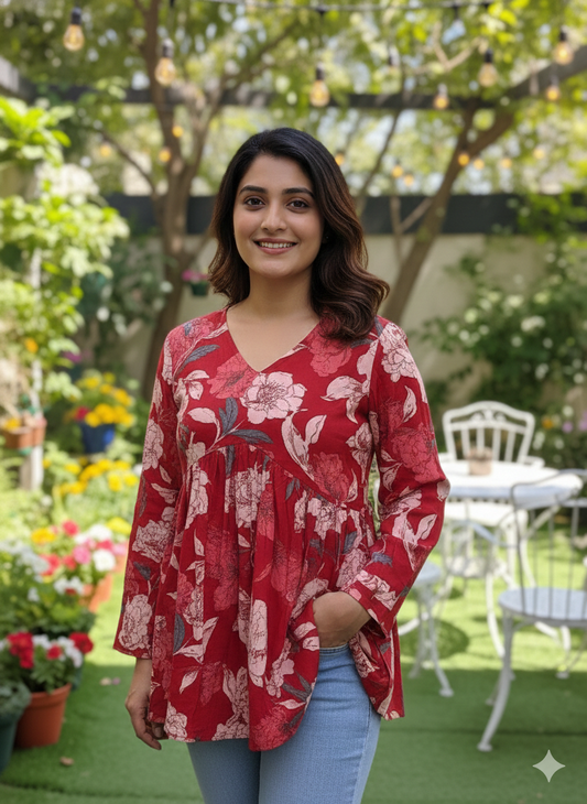 Women’s Red Floral Alia Top | Premium Soft Cotton | V-Neck | Full Sleeves