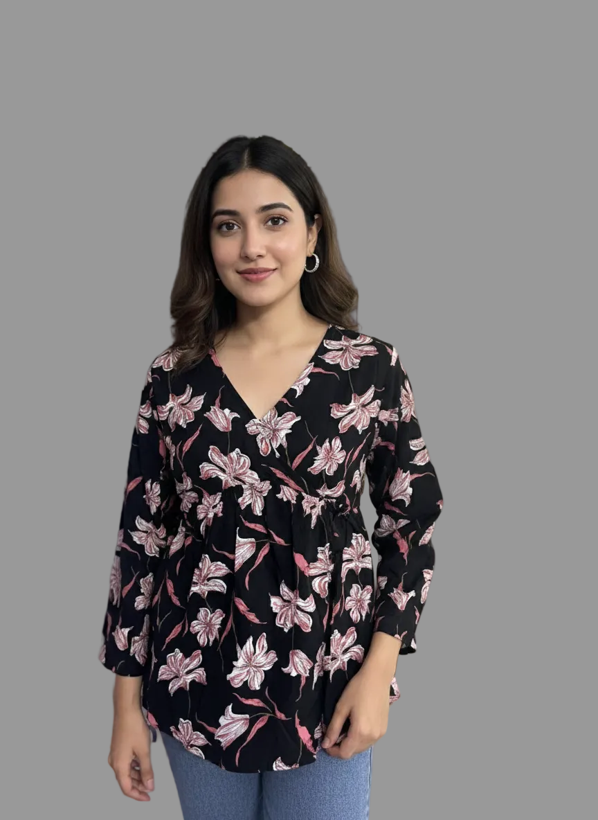 Women’s Black Floral Alia Top – Premium Soft Cotton | V-Neck Flowy Fit