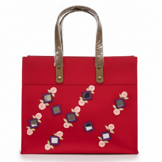 Red Laminated Canvas Tote Bag with Mirror & Floral Embroidery – Handmade Handbag