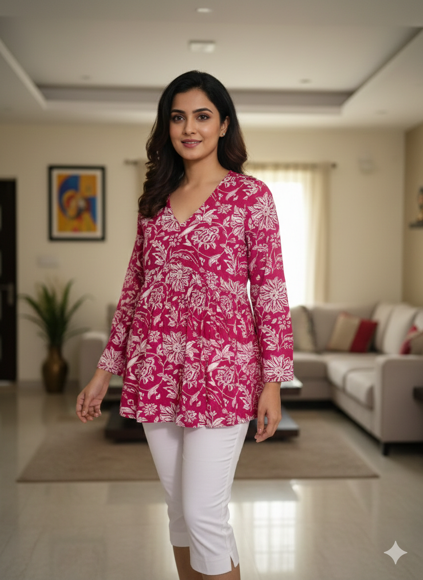 Women’s Pink Floral Alia Top | Premium Soft Cotton | V-Neck | Full Sleeves
