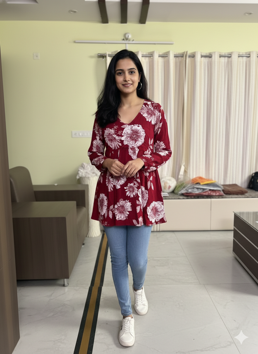Women’s Wine Floral Alia Top – Premium Soft Cotton | V-Neck Flowy Fit