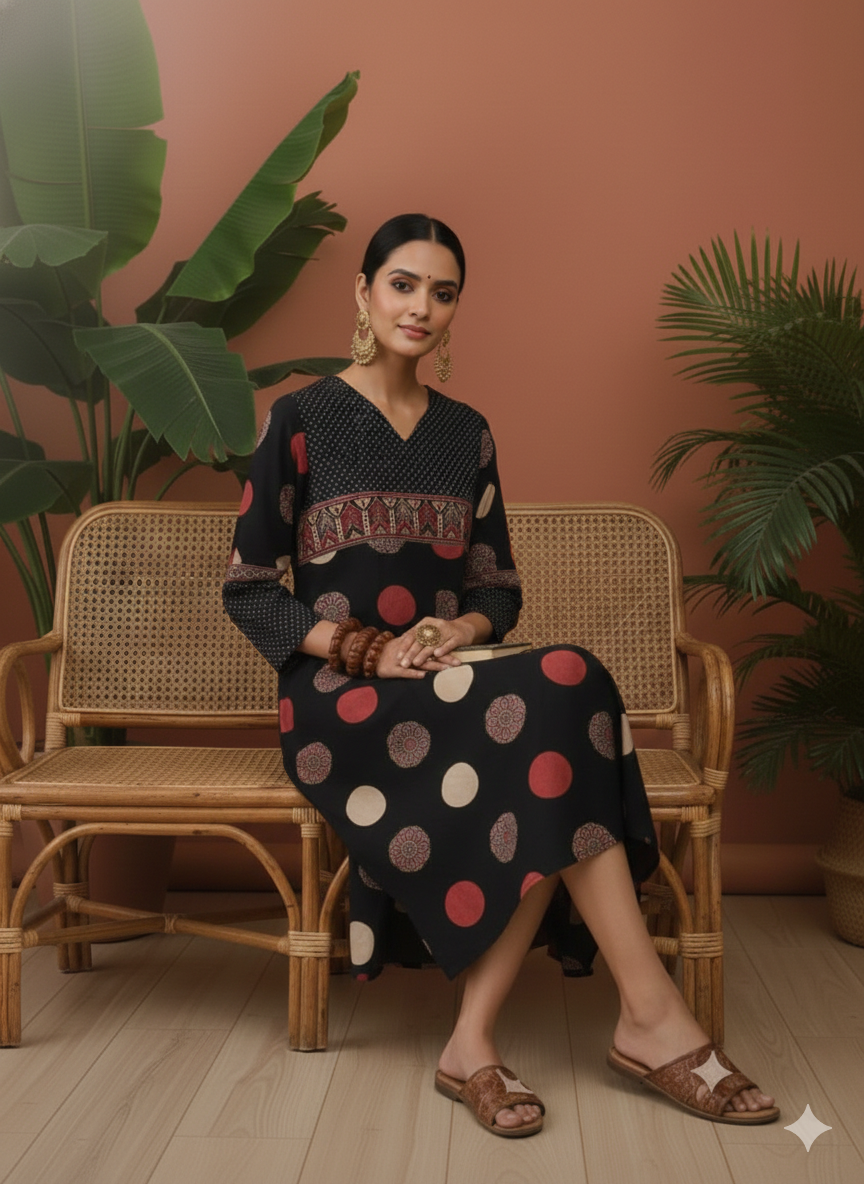 Handcrafted Ajrakh Cotton Kurti with Pocket – Vegetable Dyed | 42” Length