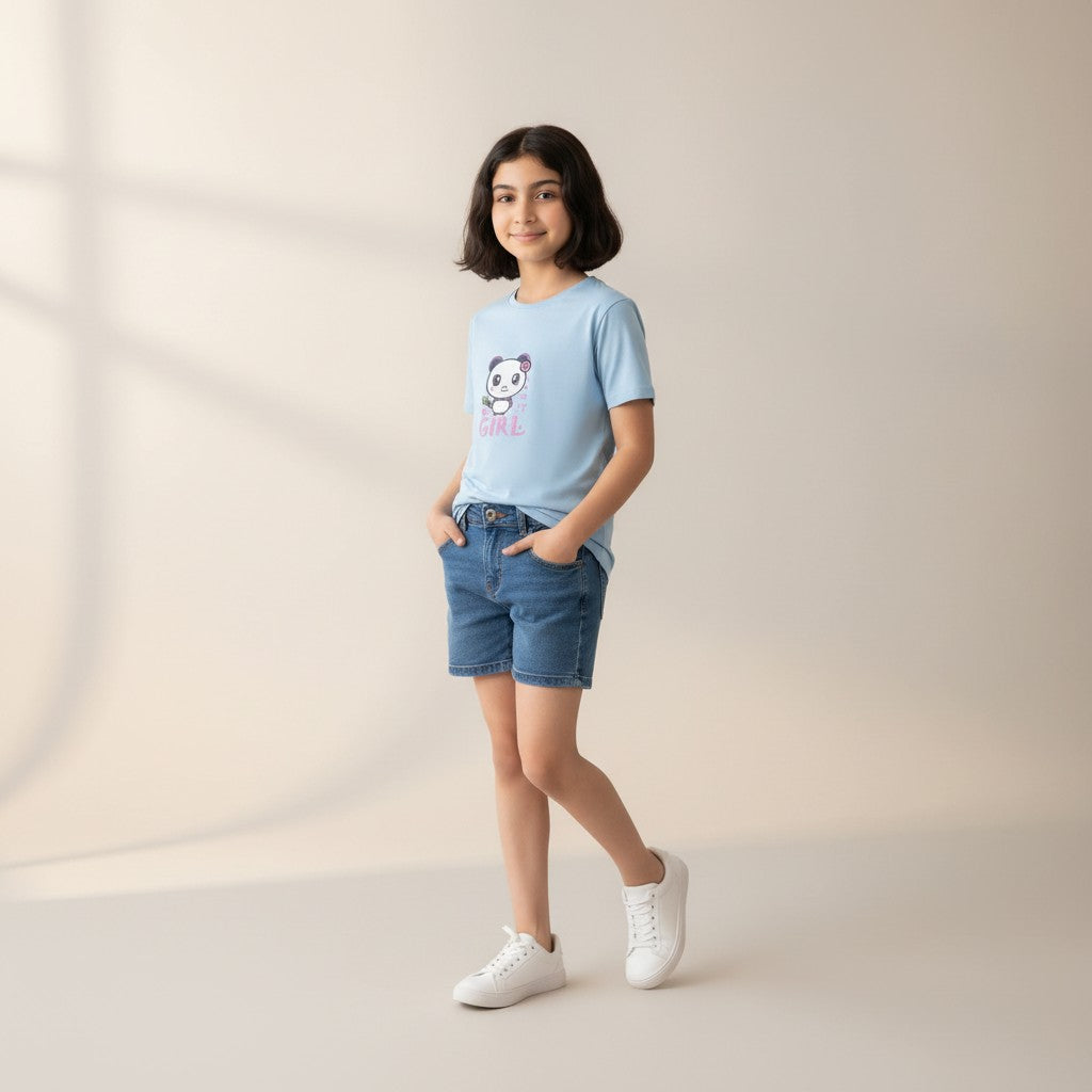 Girls Sky Blue Printed T-Shirt – Panda Graphic Tee
