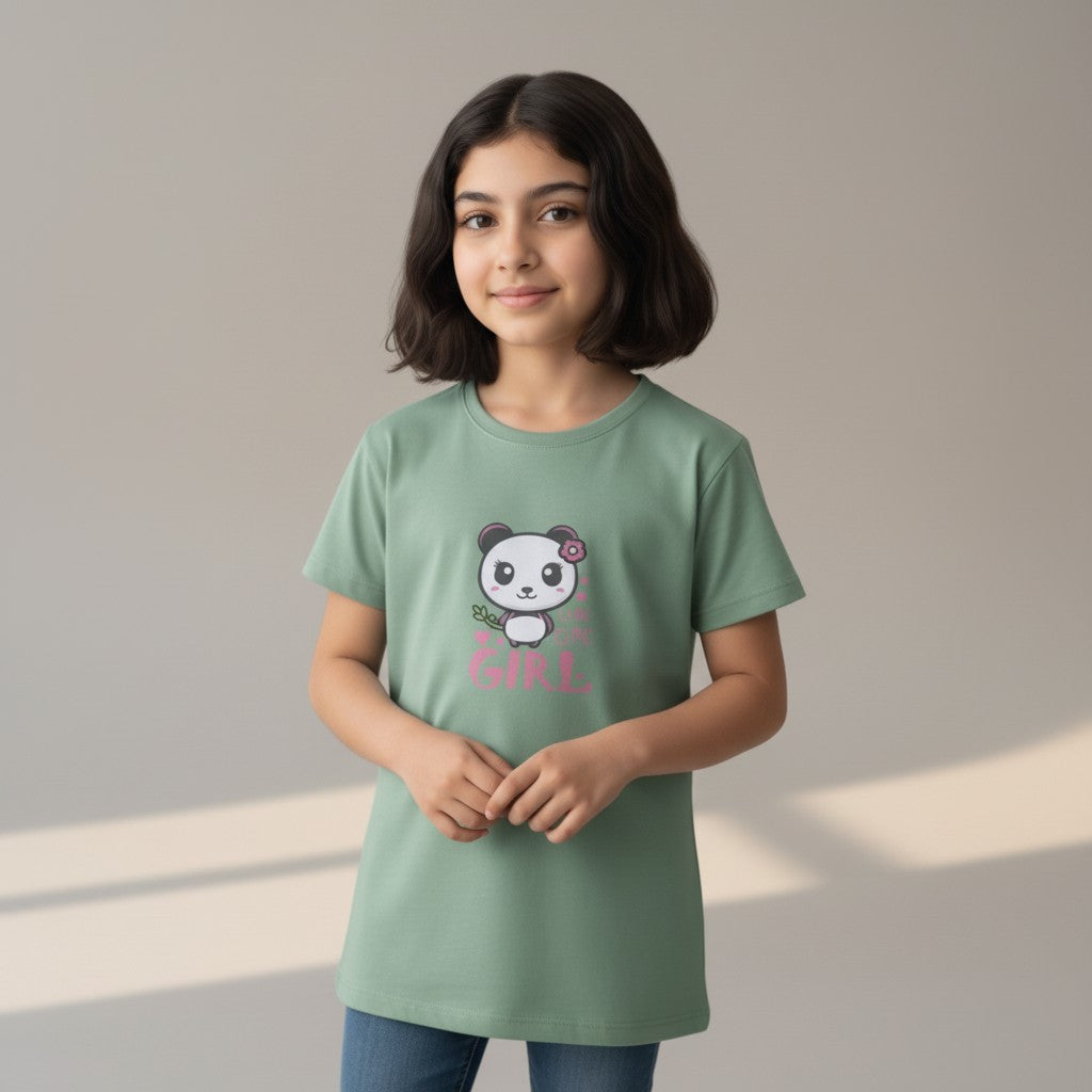Girls Sage Green Printed T-Shirt – Panda Graphic Tee