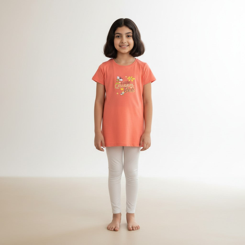 Girls Coral Printed Long T-Shirt – Little Queen Bee Graphic Tee