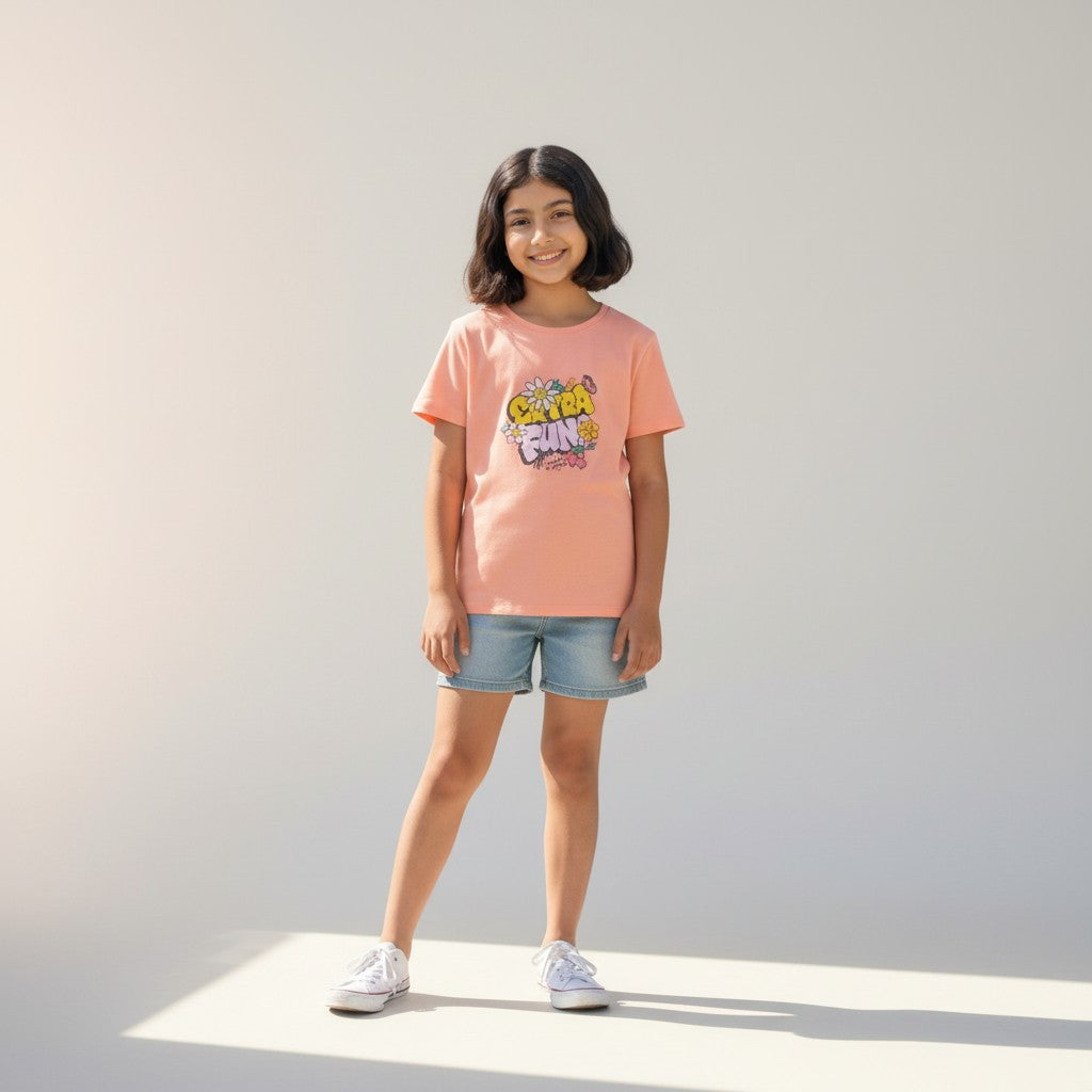 Girls Peach Printed T-Shirt – Floral Graphic Tee