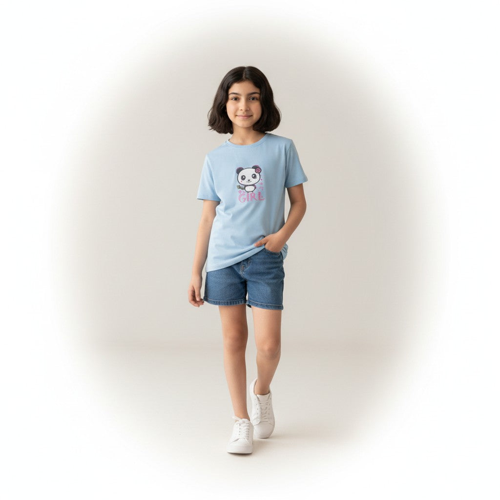 Girls Sky Blue Printed T-Shirt – Panda Graphic Tee