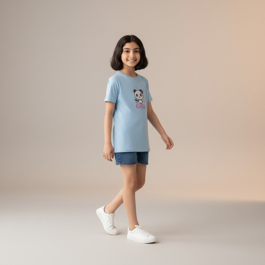 Girls Sky Blue Printed T-Shirt – Panda Graphic Tee