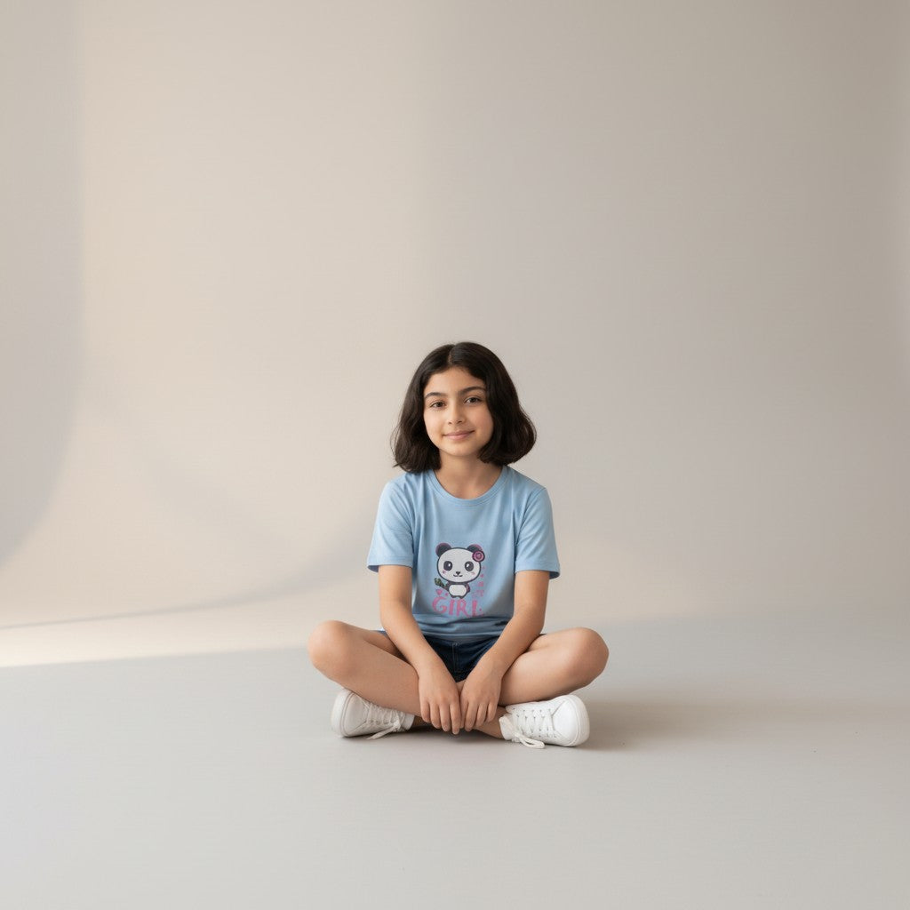 Girls Sky Blue Printed T-Shirt – Panda Graphic Tee