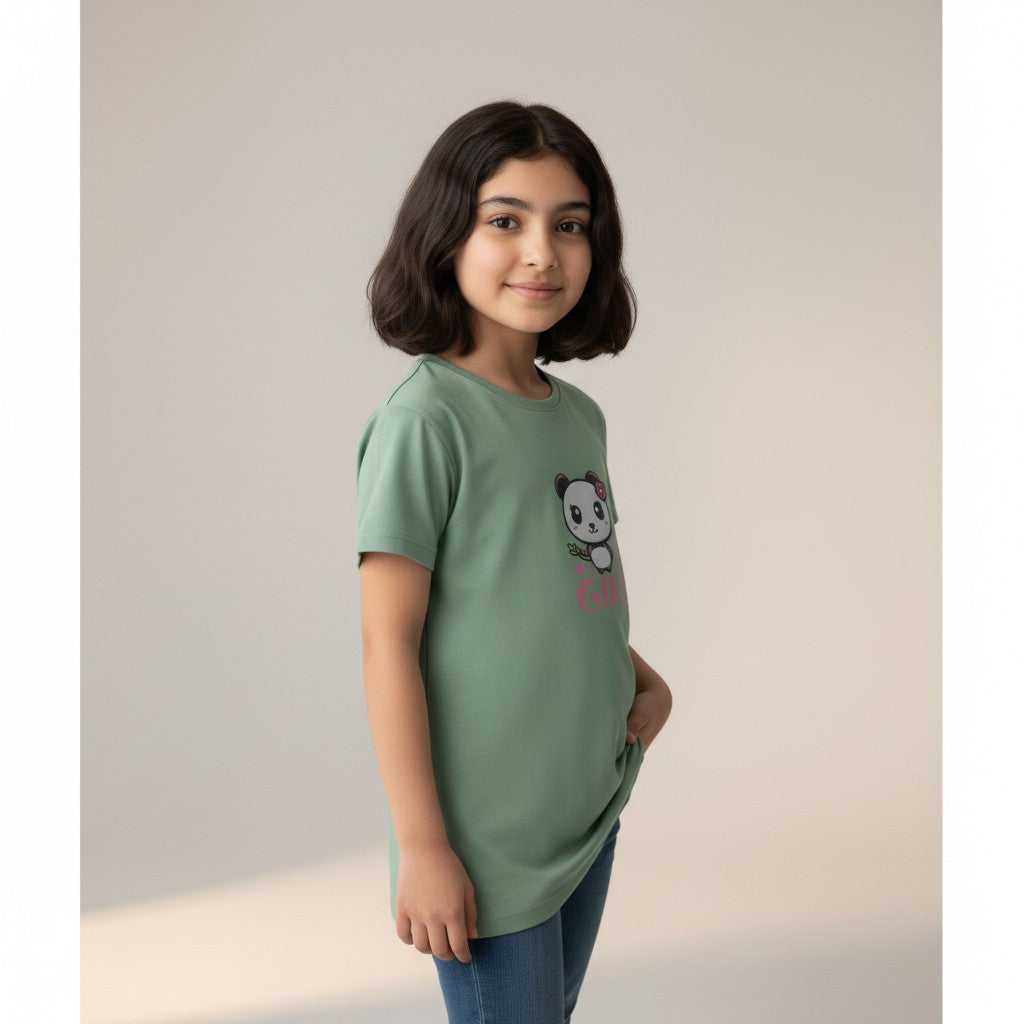 Girls Sage Green Printed T-Shirt – Panda Graphic Tee