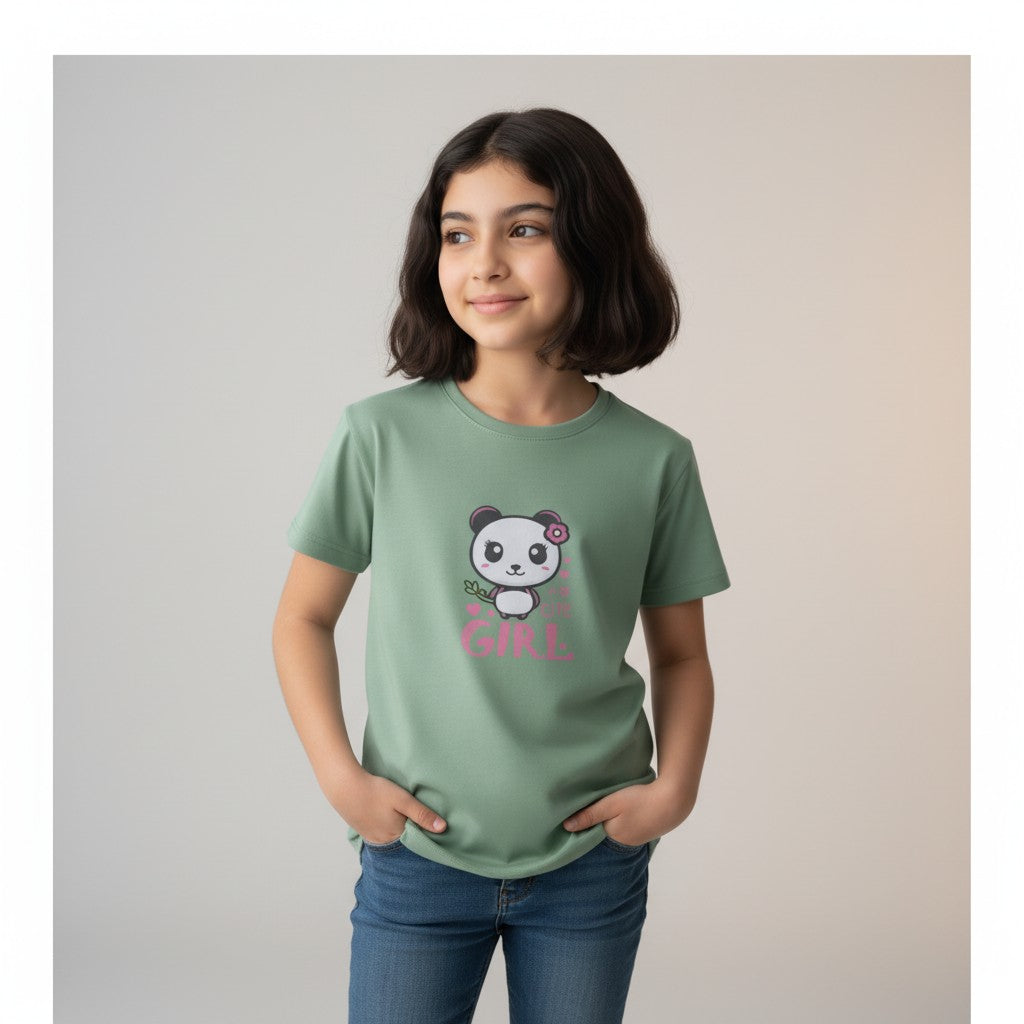 Girls Sage Green Printed T-Shirt – Panda Graphic Tee