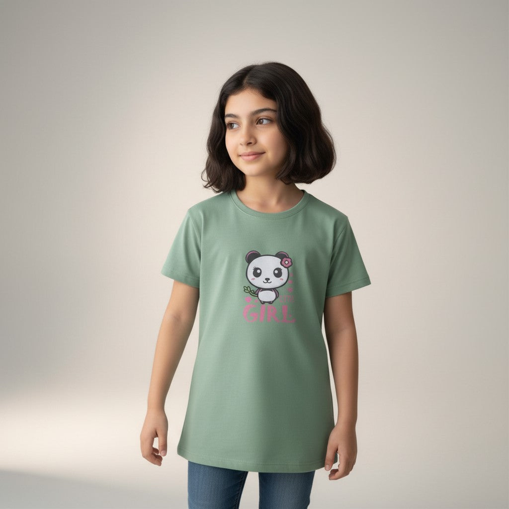Girls Sage Green Printed T-Shirt – Panda Graphic Tee