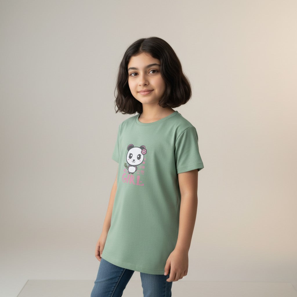 Girls Sage Green Printed T-Shirt – Panda Graphic Tee