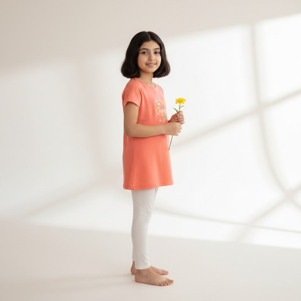 Girls Coral Printed Long T-Shirt – Little Queen Bee Graphic Tee