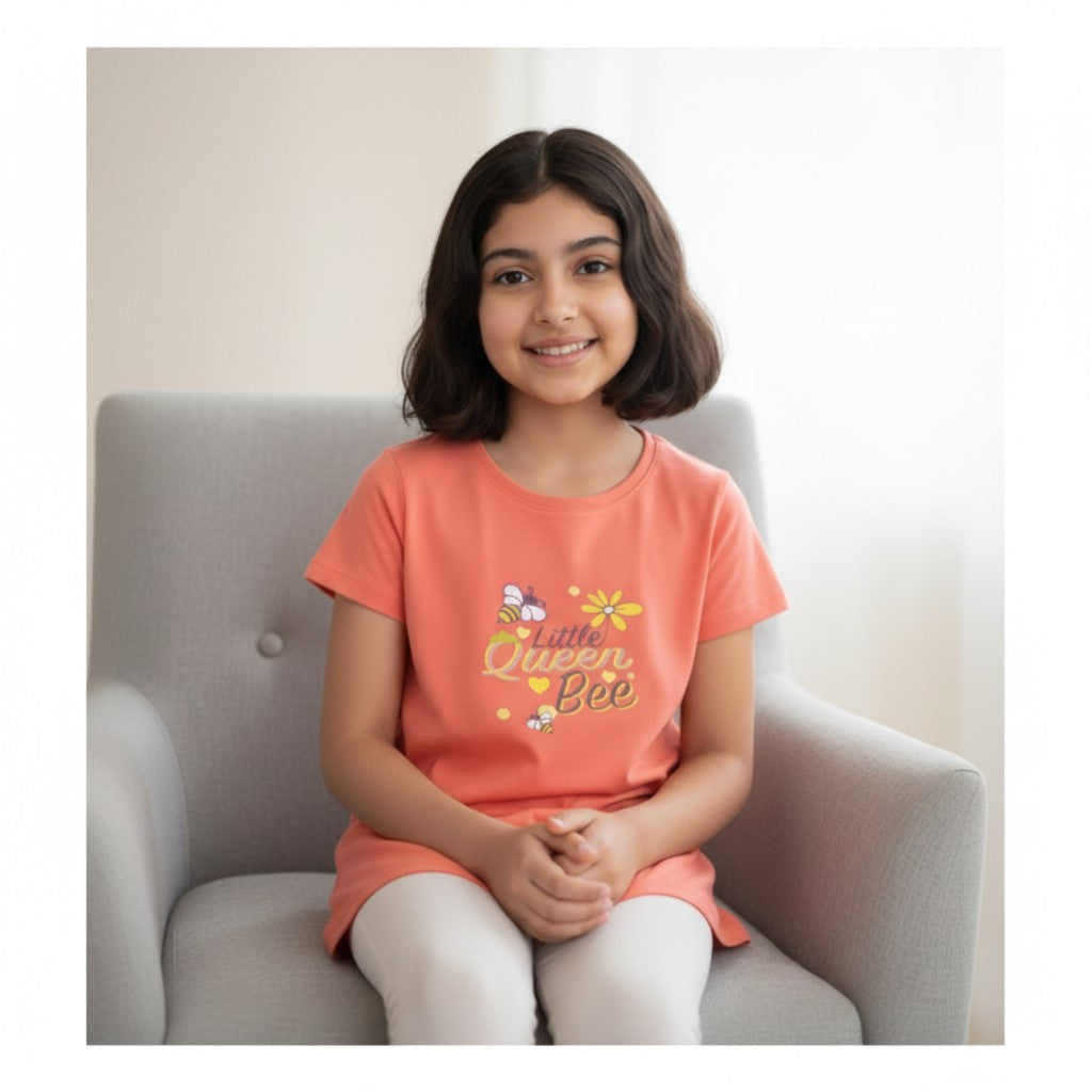 Girls Coral Printed Long T-Shirt – Little Queen Bee Graphic Tee