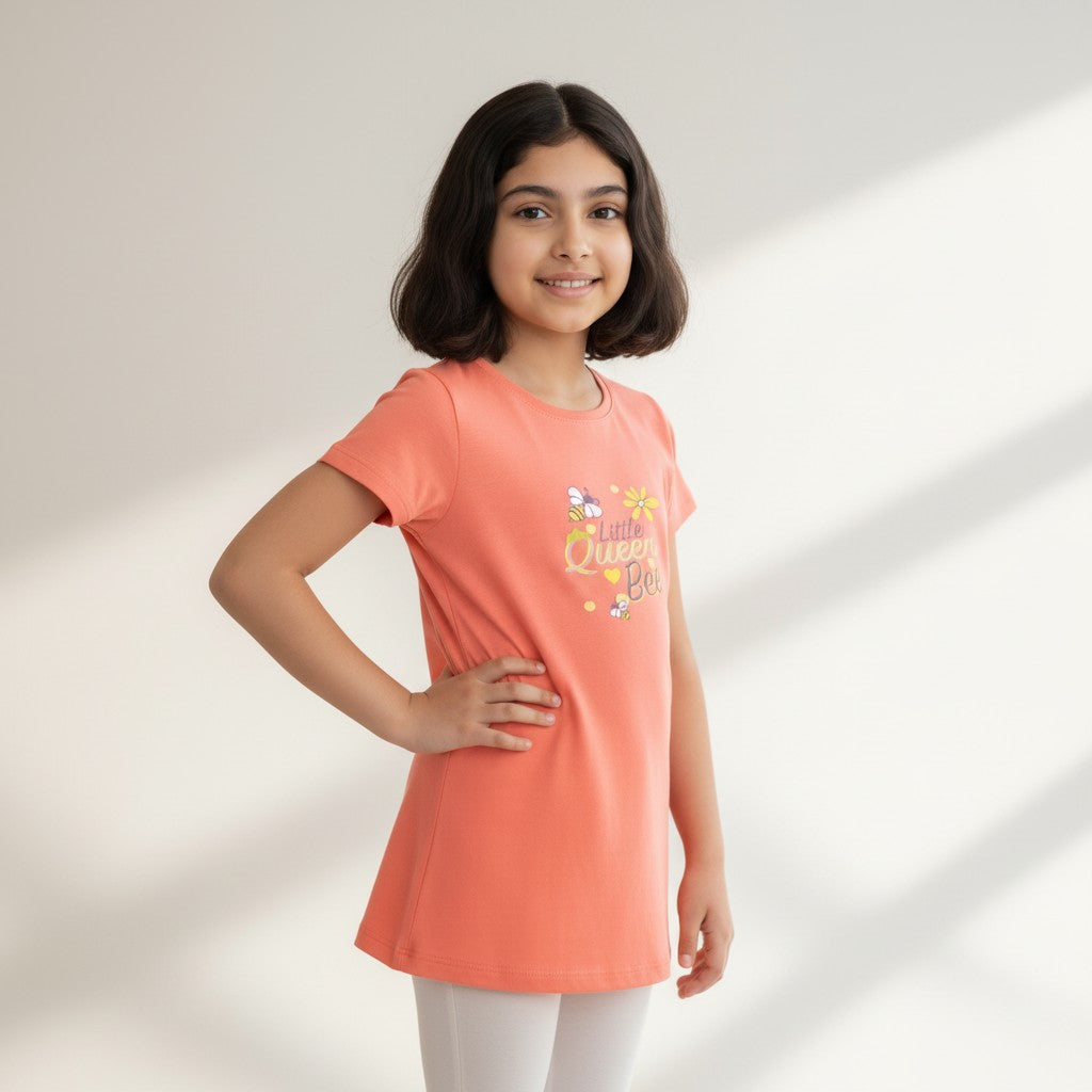 Girls Coral Printed Long T-Shirt – Little Queen Bee Graphic Tee