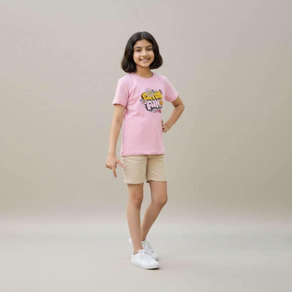 Girls Pink Printed T-Shirt – Flower Graphic Tee