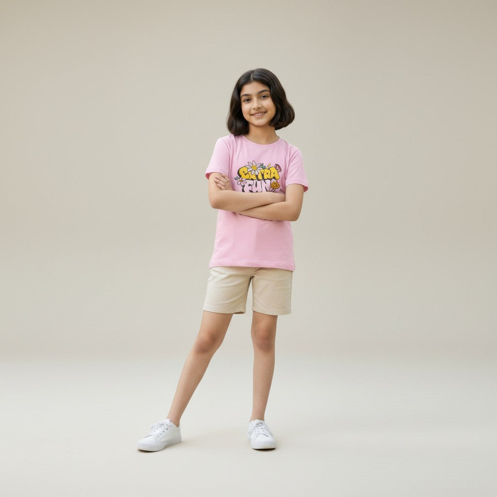 Girls Pink Printed T-Shirt – Flower Graphic Tee