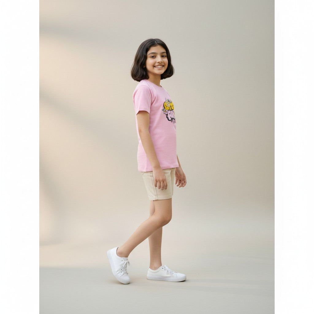 Girls Pink Printed T-Shirt – Flower Graphic Tee
