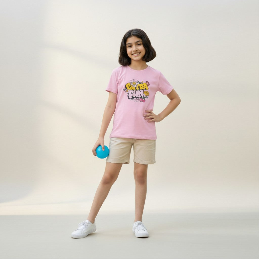 Girls Pink Printed T-Shirt – Flower Graphic Tee