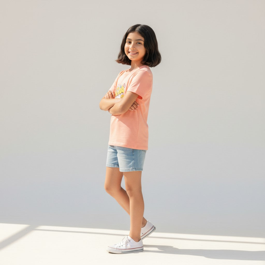 Girls Peach Printed T-Shirt – Floral Graphic Tee
