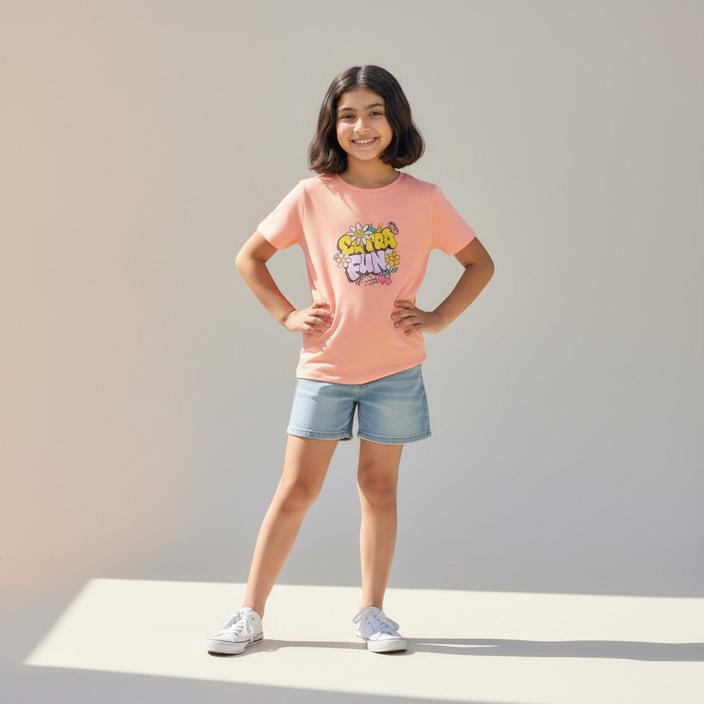 Girls Peach Printed T-Shirt – Floral Graphic Tee