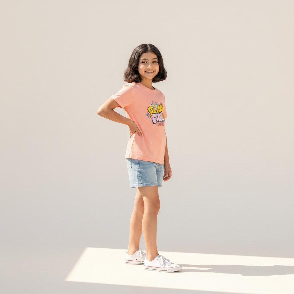 Girls Peach Printed T-Shirt – Floral Graphic Tee