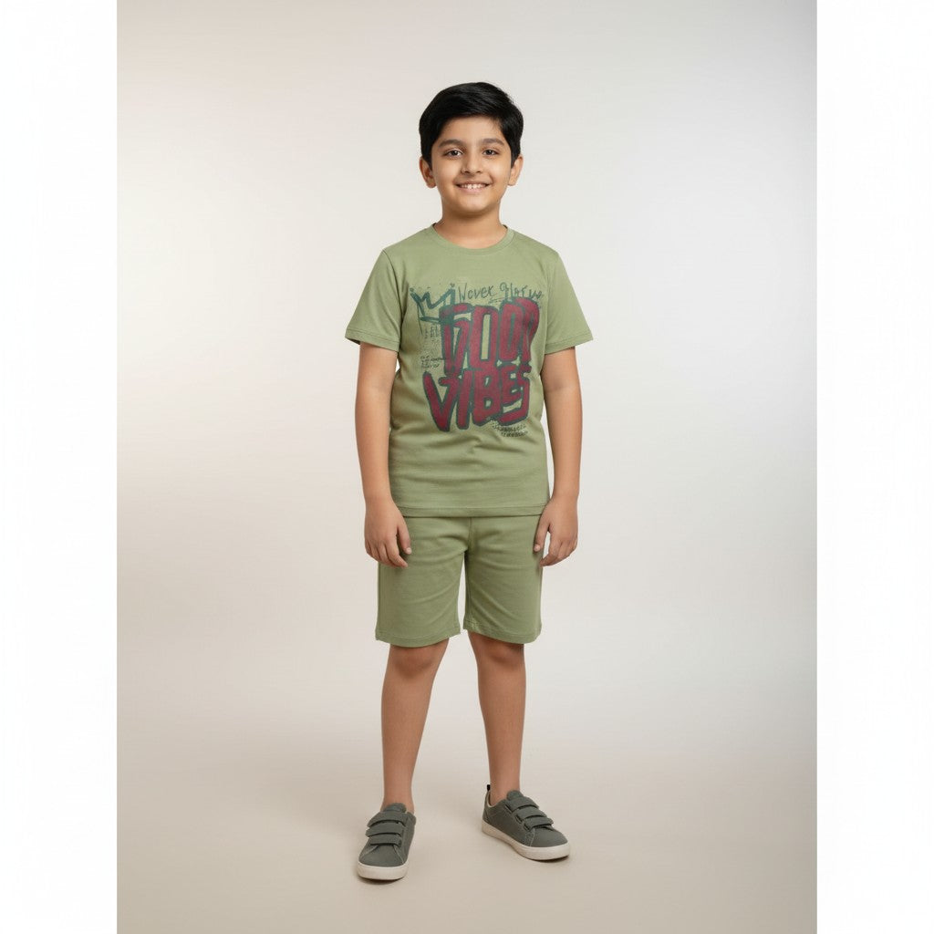 Boys Olive Green “Good Vibes” Printed Co-ord Set – T-Shirt & Shorts