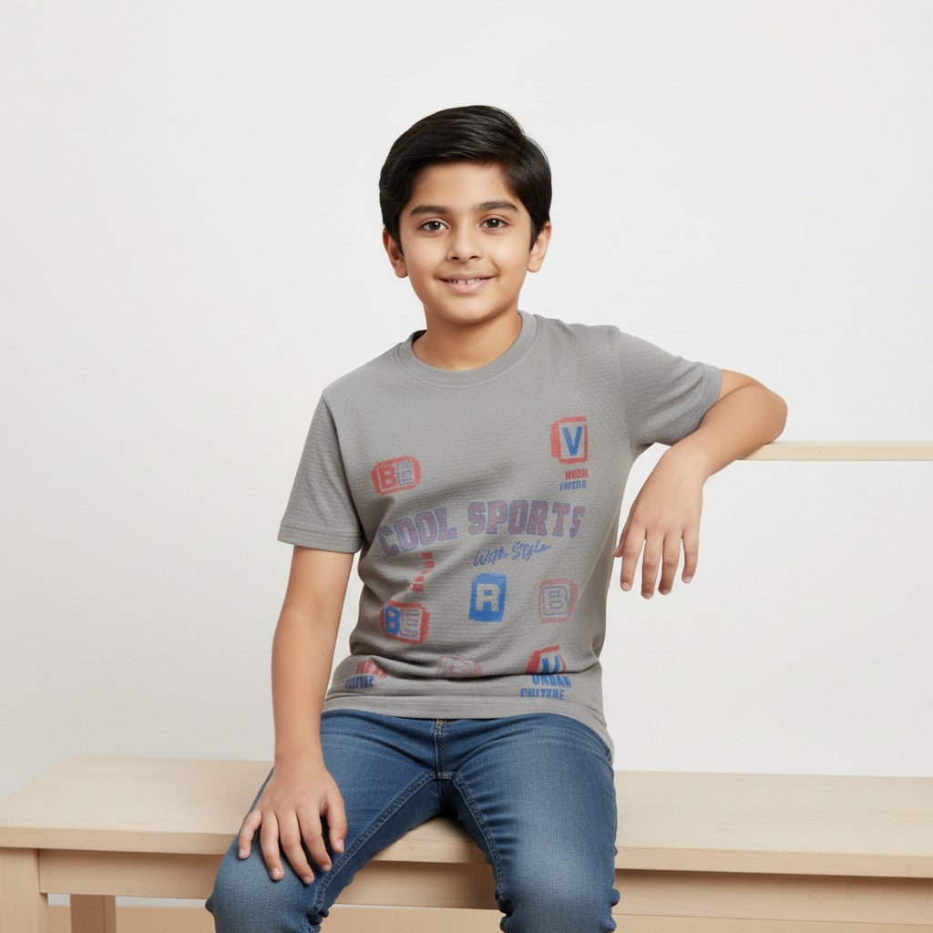 Boys Grey “Cool Sports” Printed T-Shirt