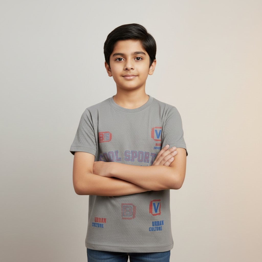 Boys Grey “Cool Sports” Printed T-Shirt