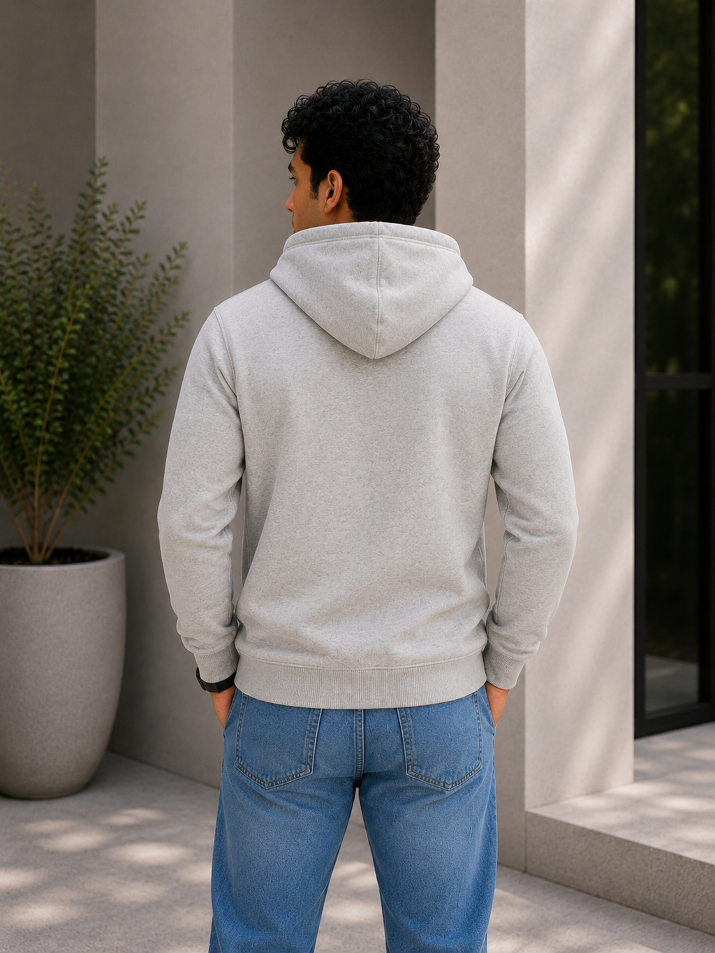 Person wearing a gray hoodie and blue jeans standing outdoors near a building.