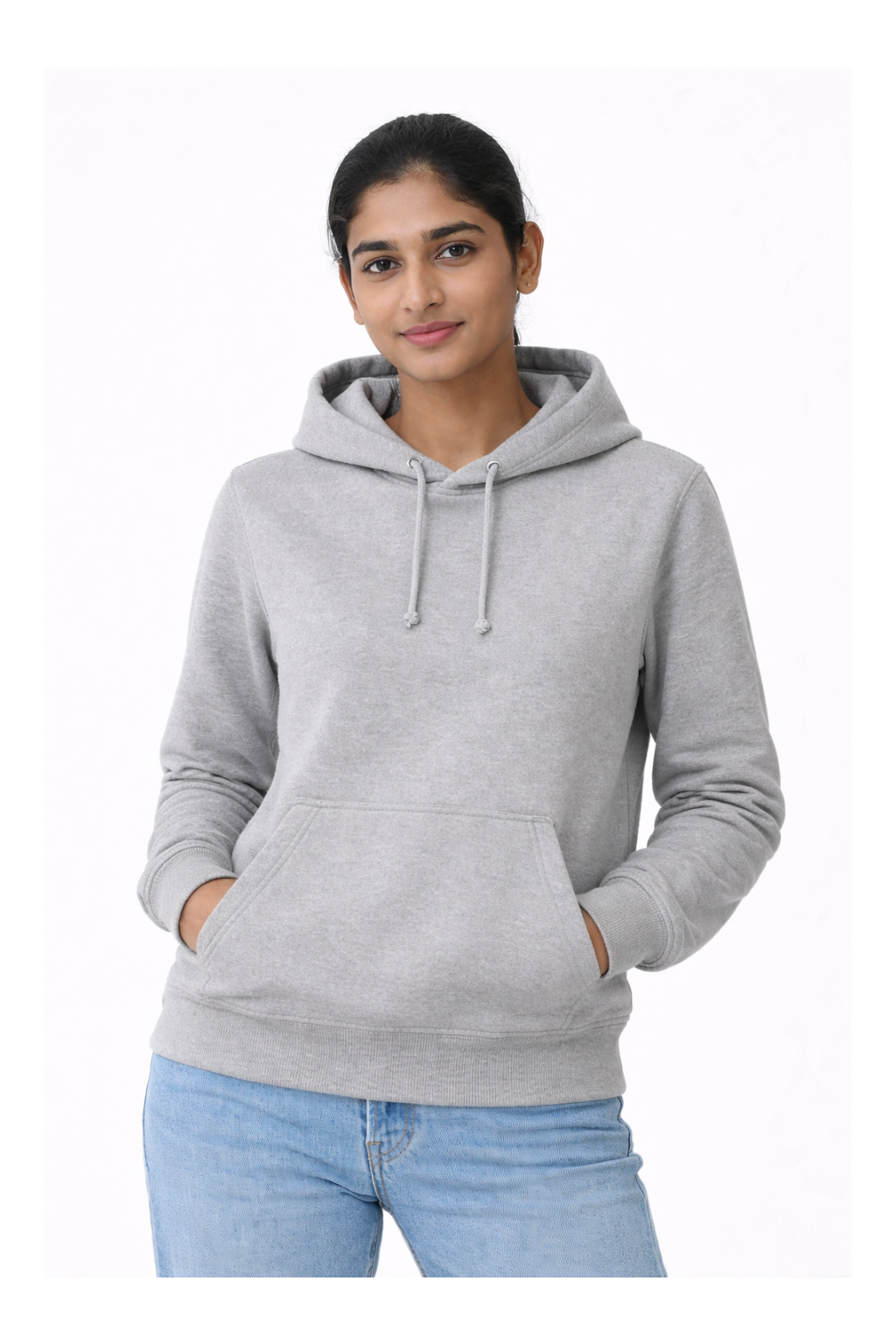 Woman wearing a gray hoodie on a white background