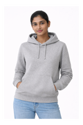 Woman wearing a gray hoodie on a white background