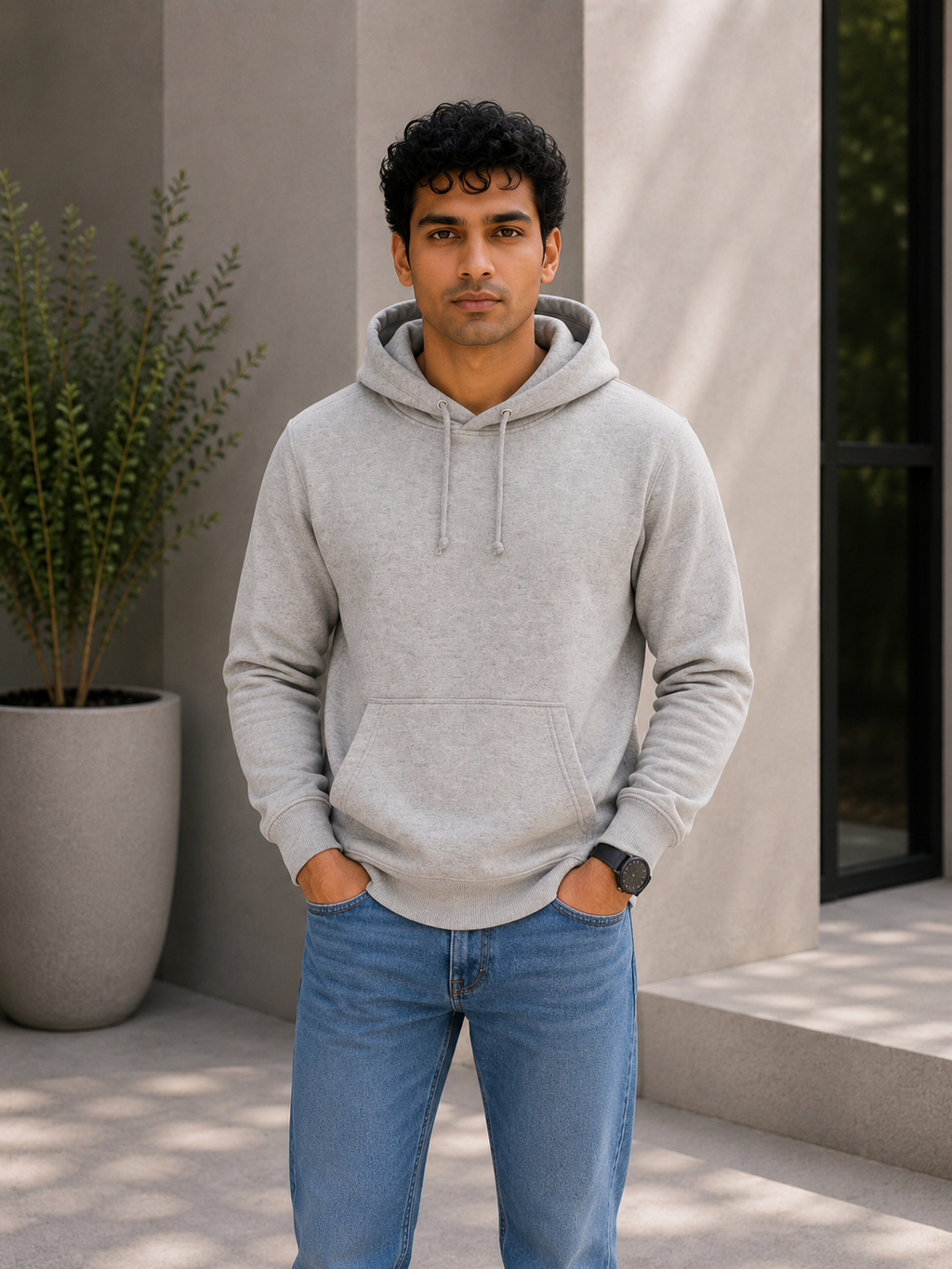 Man wearing a gray hoodie and blue jeans standing outdoors.