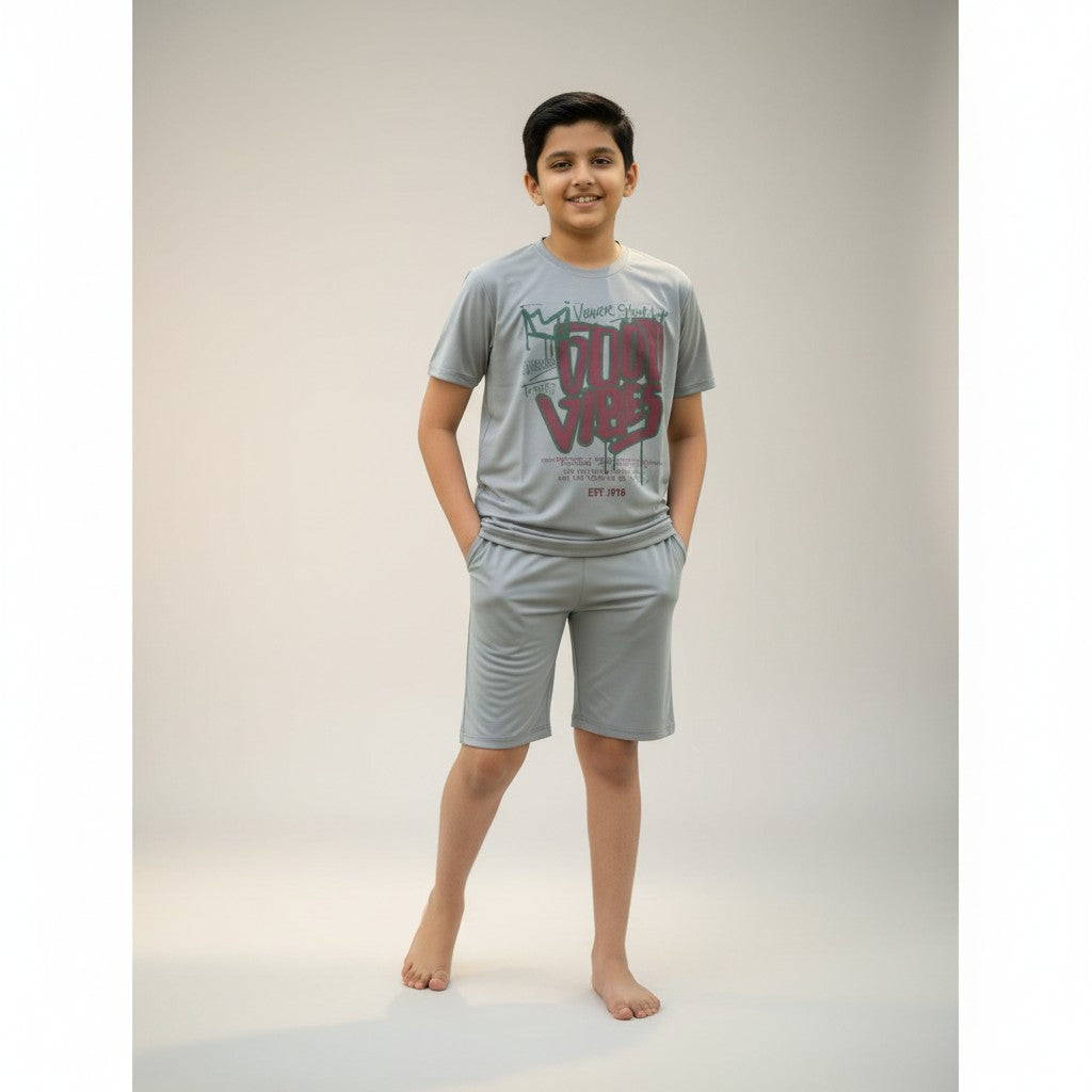 Boys Grey “Good Vibes” Printed Co-ord Set – T-Shirt & Shorts