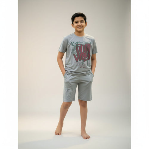 Boys Grey “Good Vibes” Printed Co-ord Set – T-Shirt & Shorts