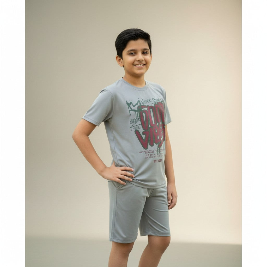 Boys Grey “Good Vibes” Printed Co-ord Set – T-Shirt & Shorts