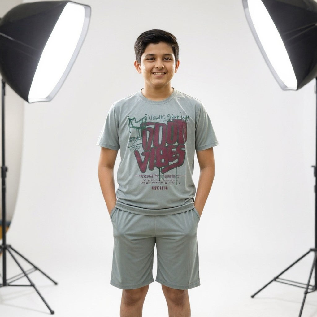 Boys Grey “Good Vibes” Printed Co-ord Set – T-Shirt & Shorts