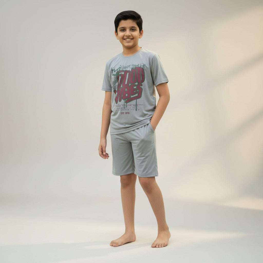 Boys Grey “Good Vibes” Printed Co-ord Set – T-Shirt & Shorts