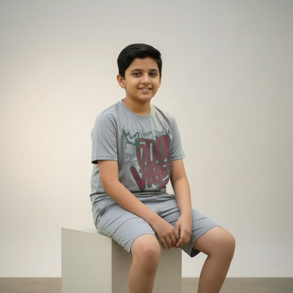 Boys Grey “Good Vibes” Printed Co-ord Set – T-Shirt & Shorts