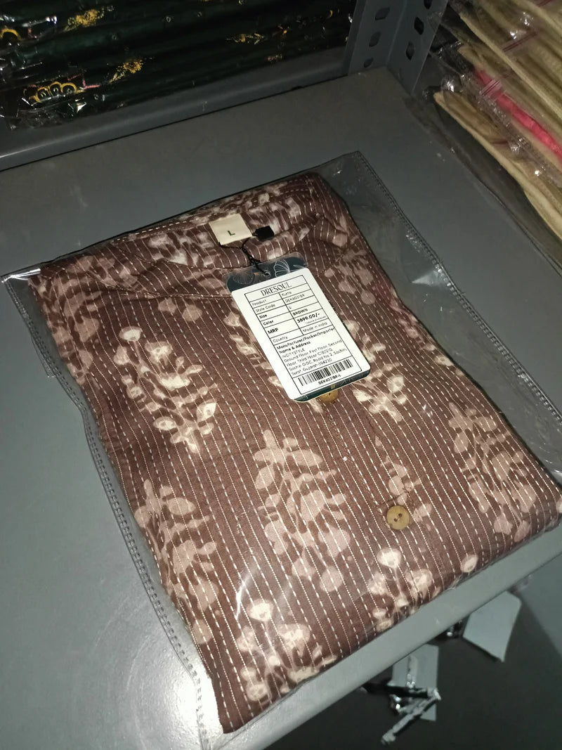 Olive Green Kantha Print Cotton A-line Kurta