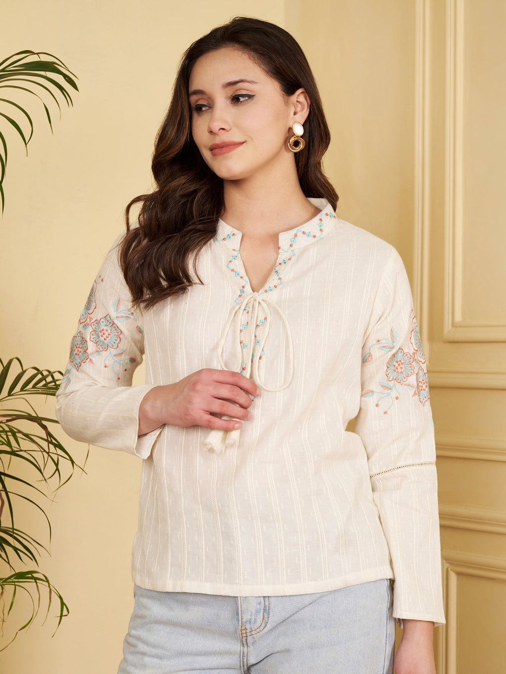 Women's Jacquard Cotton Embroidered Top with Inner