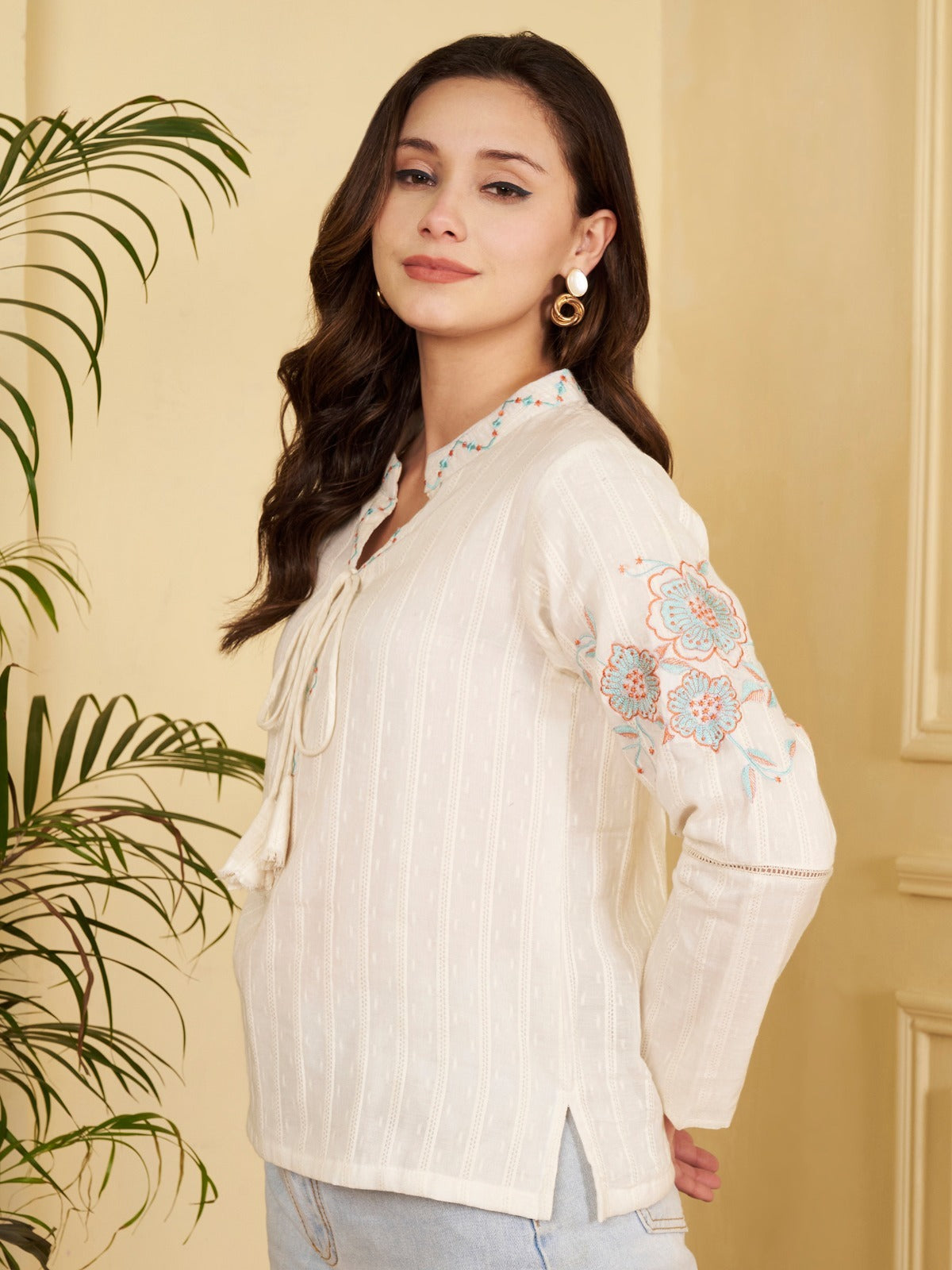 Women's Jacquard Cotton Embroidered Top with Inner