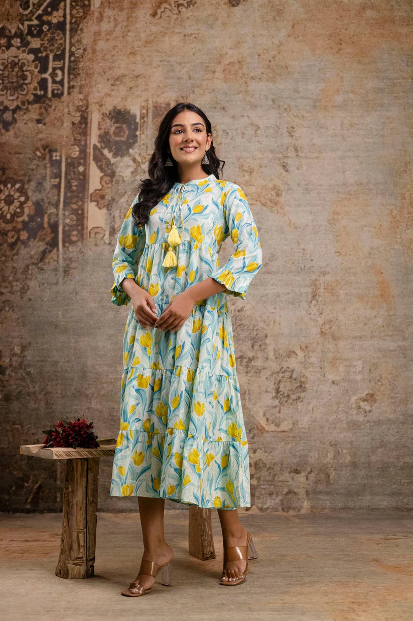 Pure Cotton Printed Flared Midi Dress