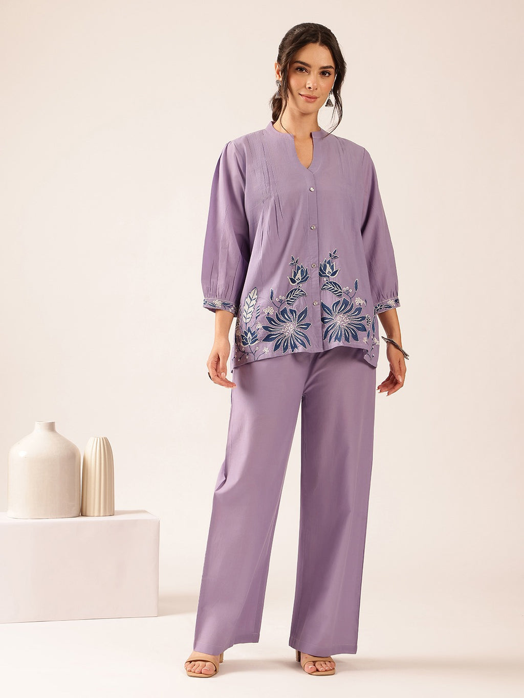 Women’s Blush Pink Floral Printed Co-Ord Set | Embroidered Top