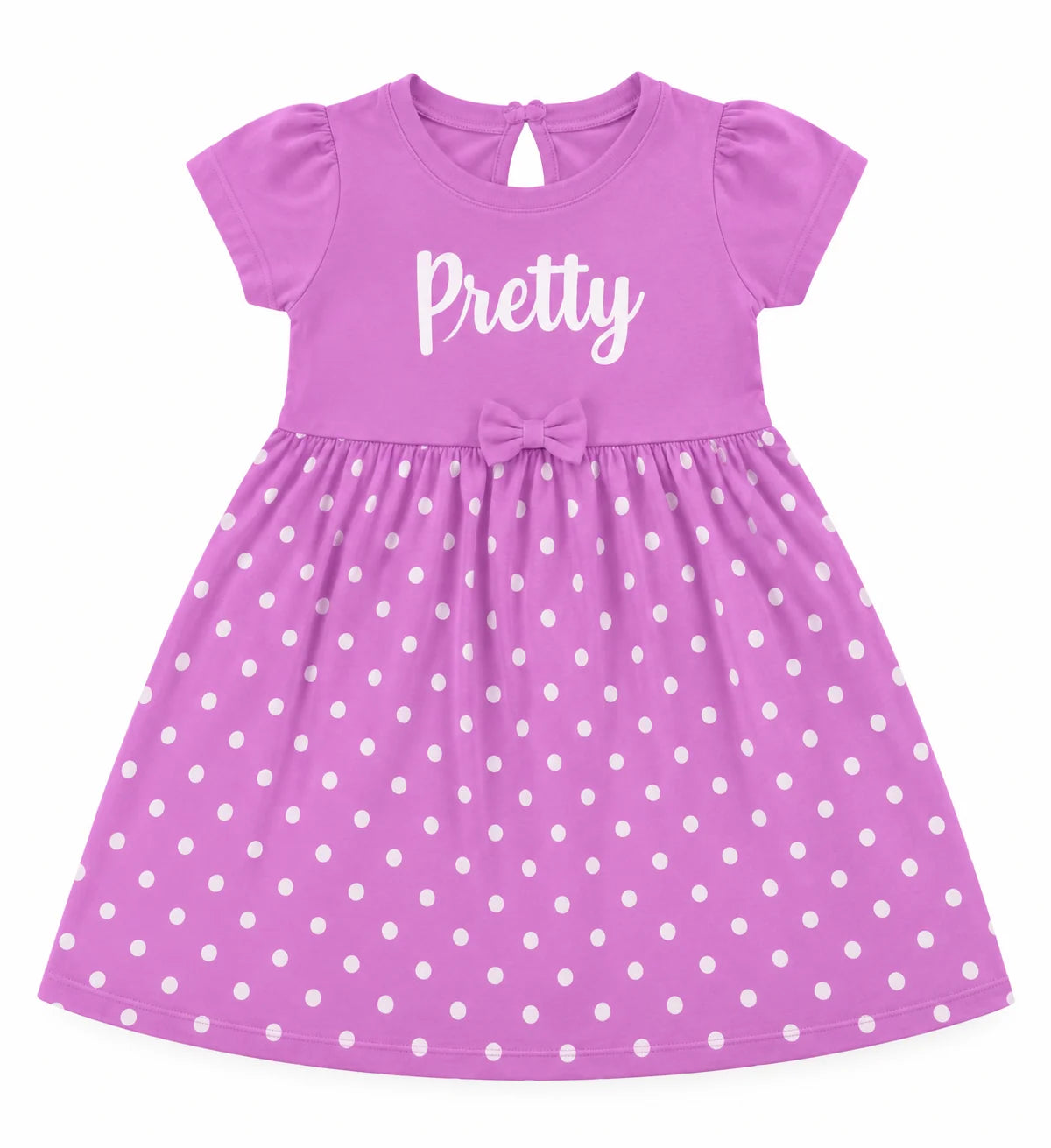A purple short-sleeve baby dress with white polka dots, featuring the word 'Pretty' printed in white script on the chest and a matching bow at the waist.