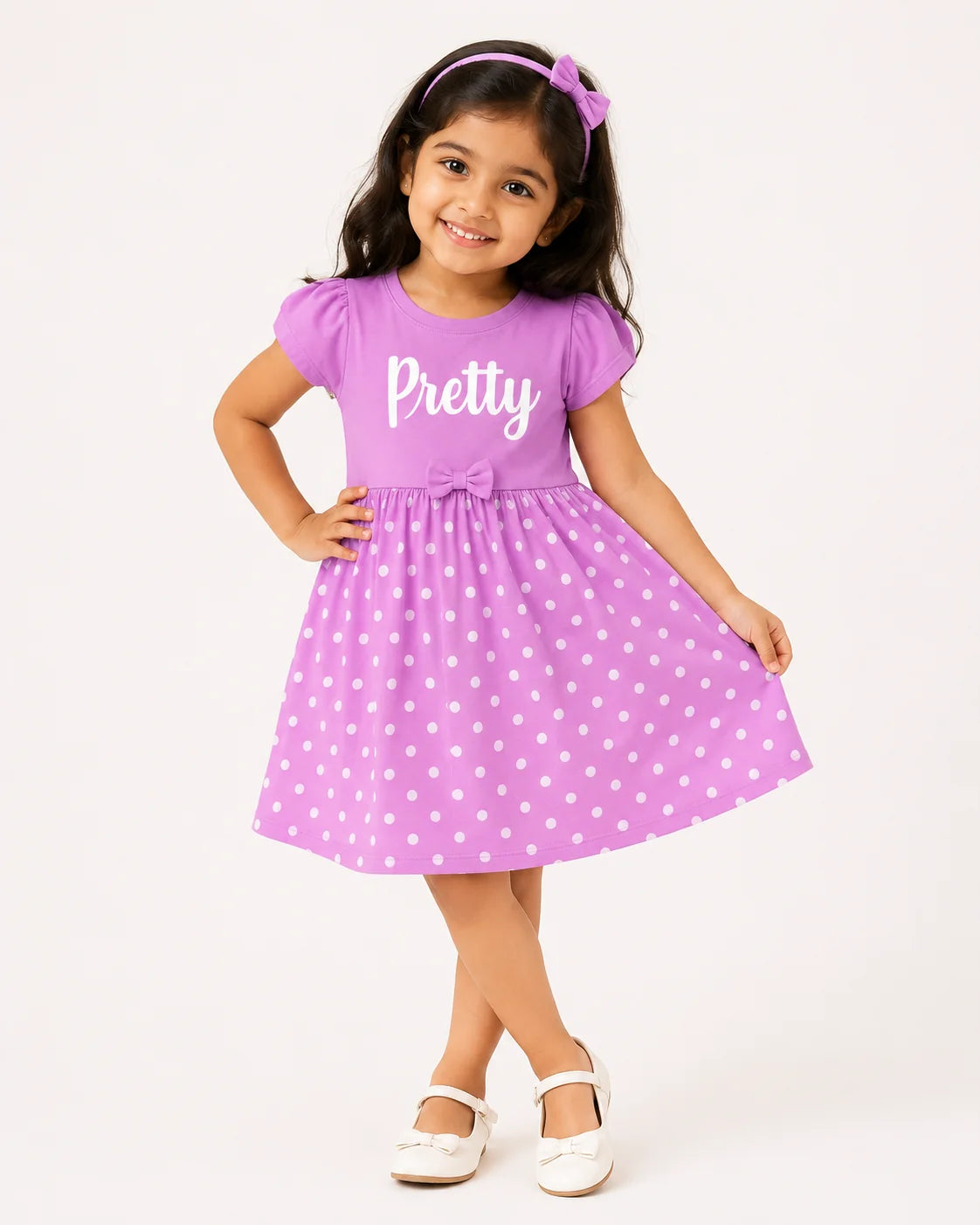 A young girl modeling a purple short-sleeve dress with white polka dots and the word 'Pretty' printed in white across the chest. She is wearing a matching purple bow headband and white shoes, standing against a plain white studio background.