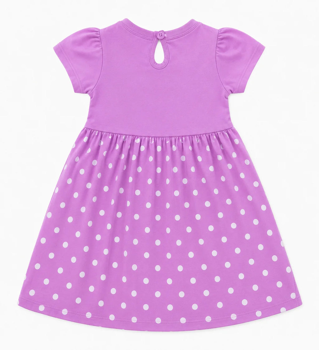 A children's short-sleeve dress in lavender purple with a white polka-dot pattern on the skirt, shown flat against a white background.
